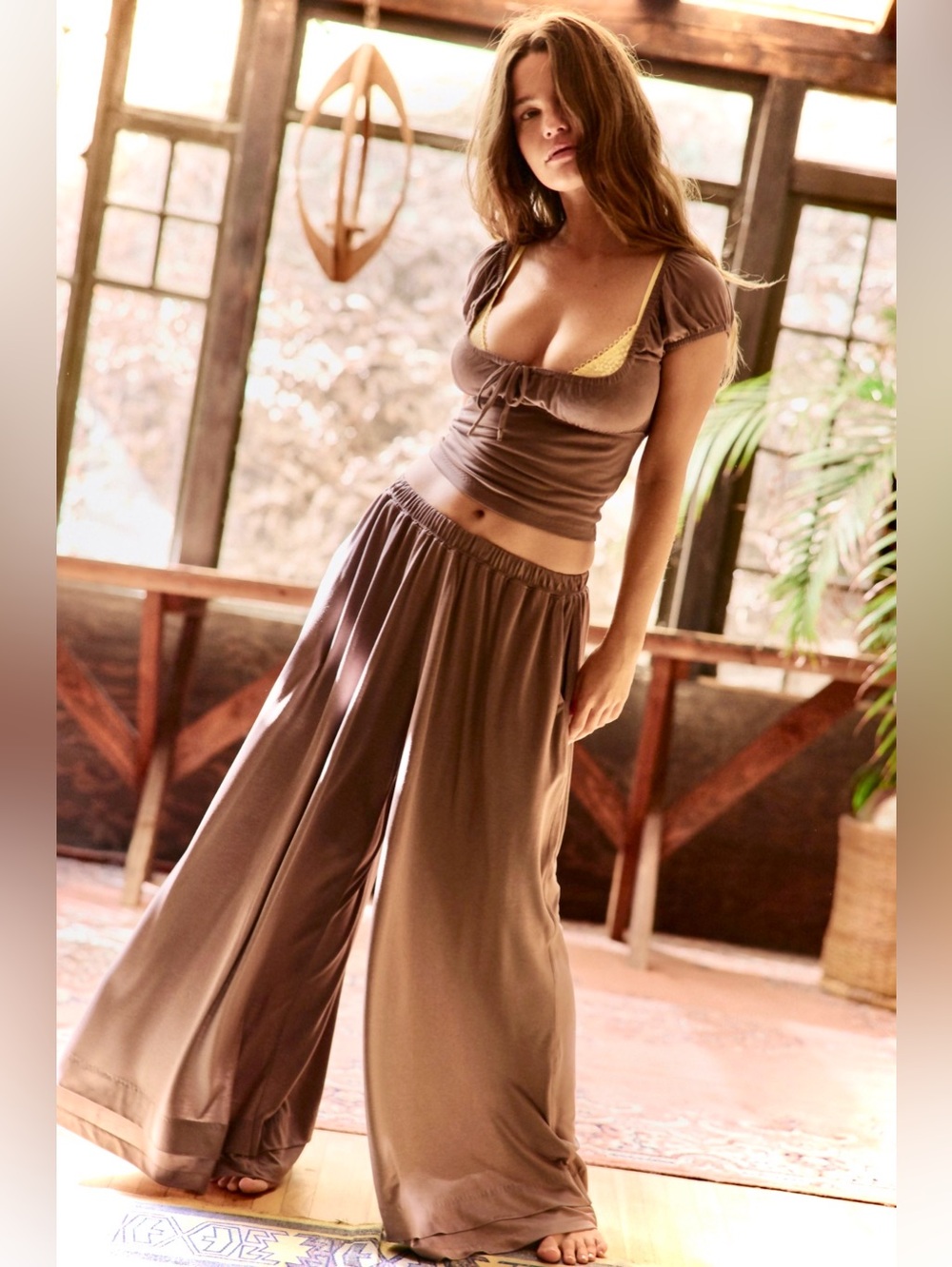 NWT Free People Modal Muse Wide-Leg Lounge Pants + Top Set Set - Brown